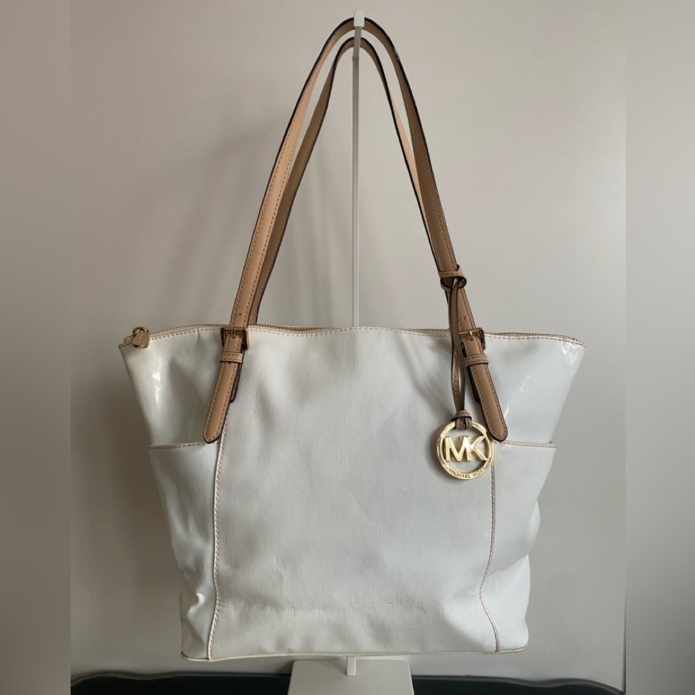 Michael Kors White Patent Leather Jet Set Tote Bag